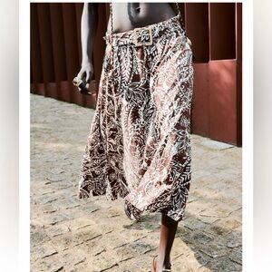 ZARA NWT Brown & White Paisley Midi Skirt with Belt REF 3263/582 boho eyelet XS